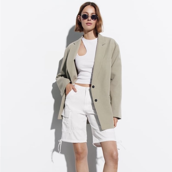 Zara Taupe Gray Oversized Vented Linen Blend Blazer - Picture 9 of 16